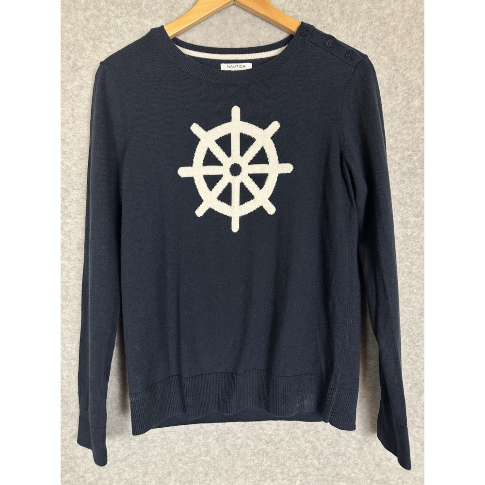 Nautica Women's Sweater M Navy Ship Wheel Pullover Button Shoulder Wool Blend